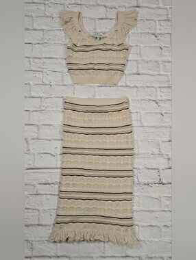 Freshman 1996 Knit Two Piece Skirt Set Cream Ruffle Midi Co Ord Medium